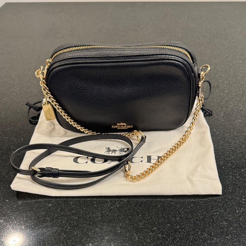 Coach Camera Crossbody Bag in Black Grain Leather with Gold Chain Strap